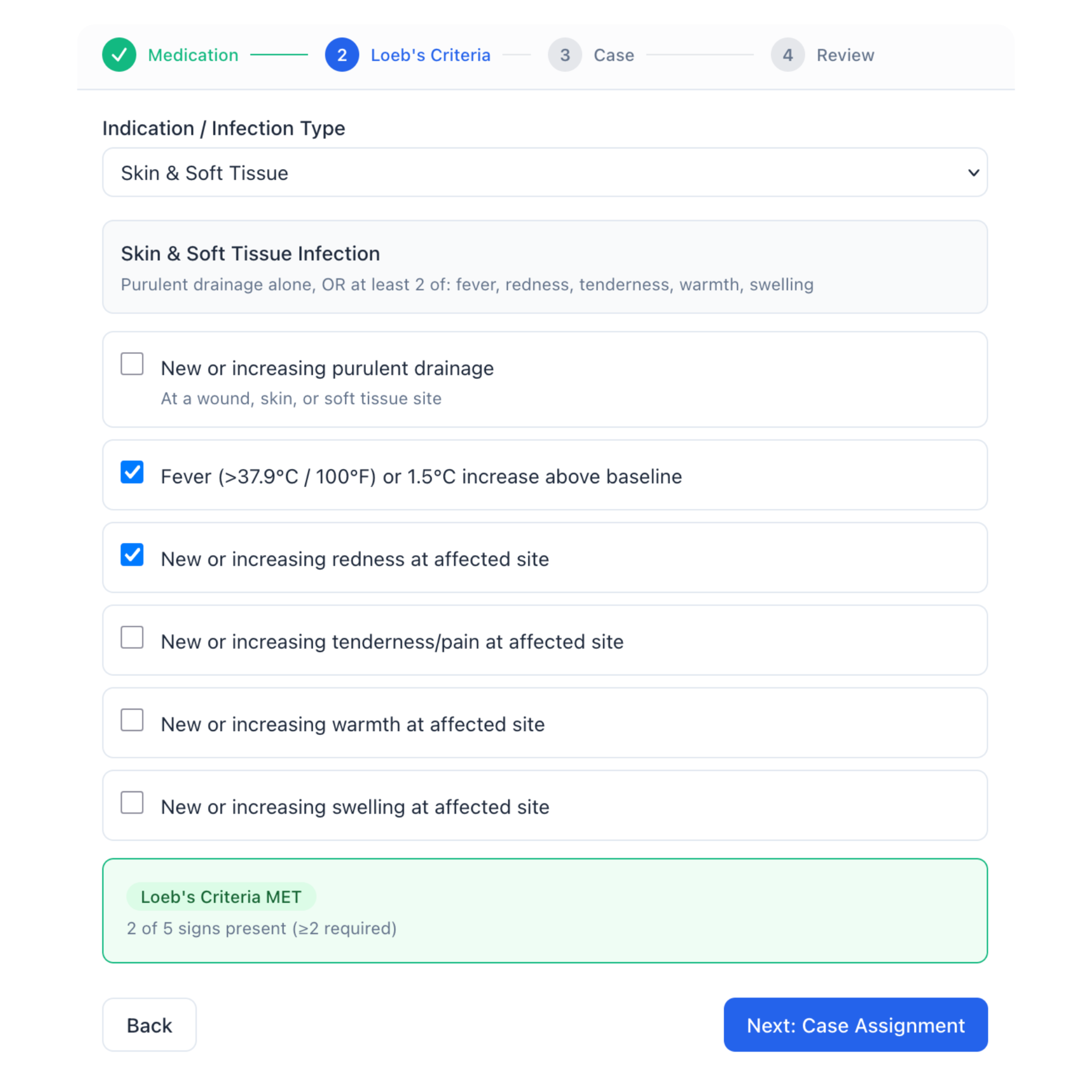 Loeb's Minimum Criteria evaluation interface showing structured antibiotic prescribing criteria for skin and soft tissue infections